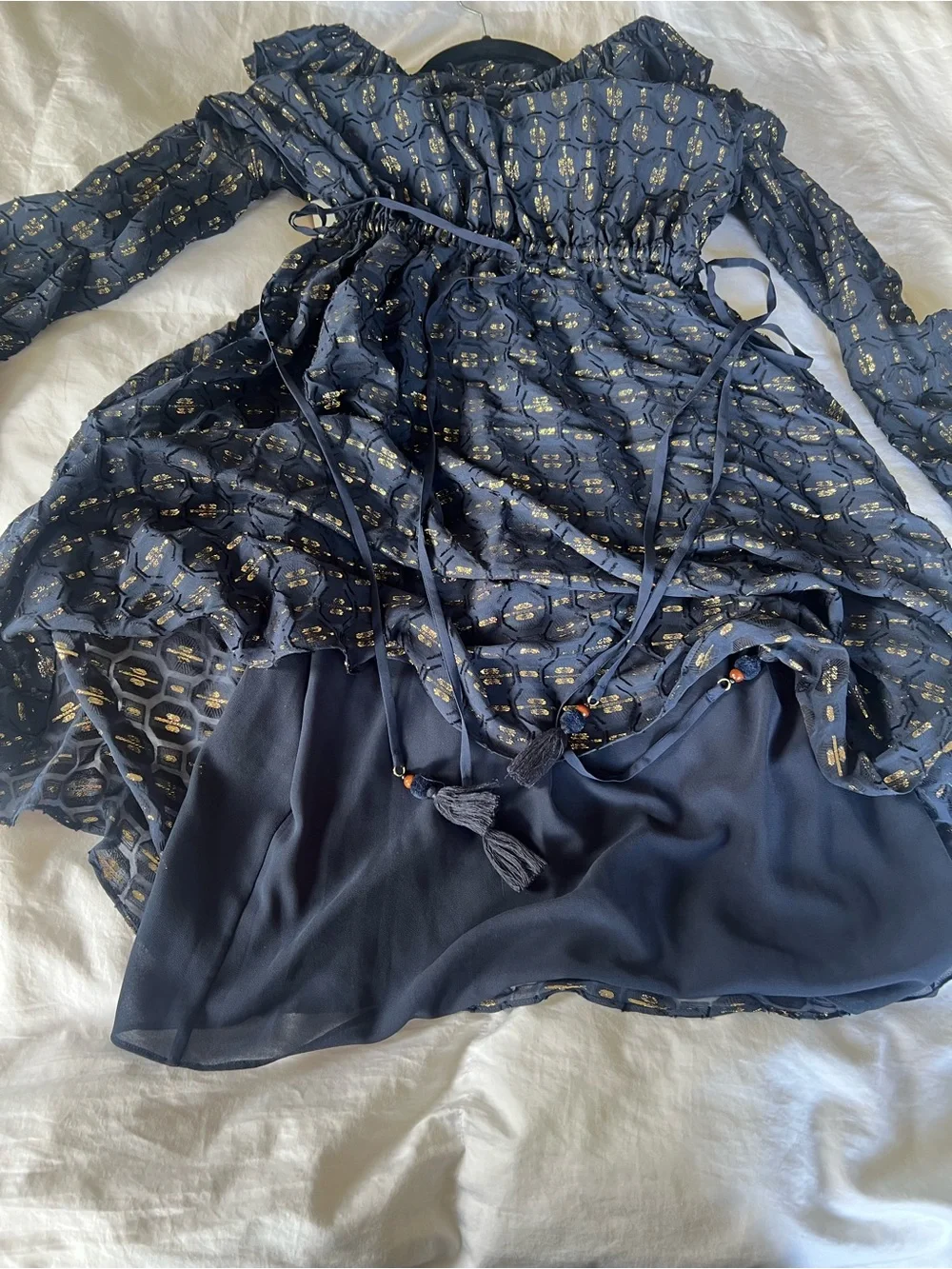 Tory Burch Navy Metallic Clip Dot Ruffle Midi Dress Size 6